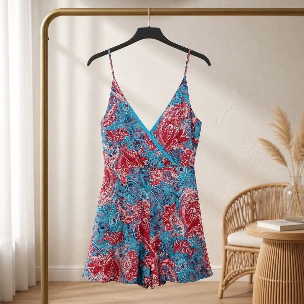 Peppermint USA Paisley Print Sleeveless Romper with Lace-Up Back #1462